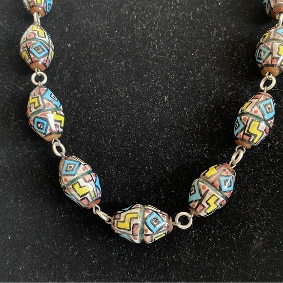 Vintage Hand Painted Glazed Clay Art Chunky Bead Necklace - Picture 6 of 16
